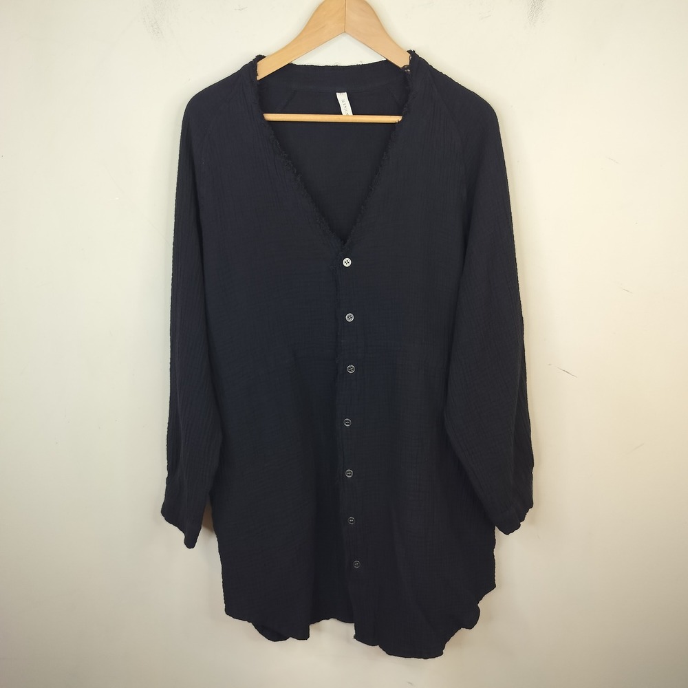 Black Gauze Cotton Tunic Coverup XL Button Down Pockets Raw Edges Igenjun